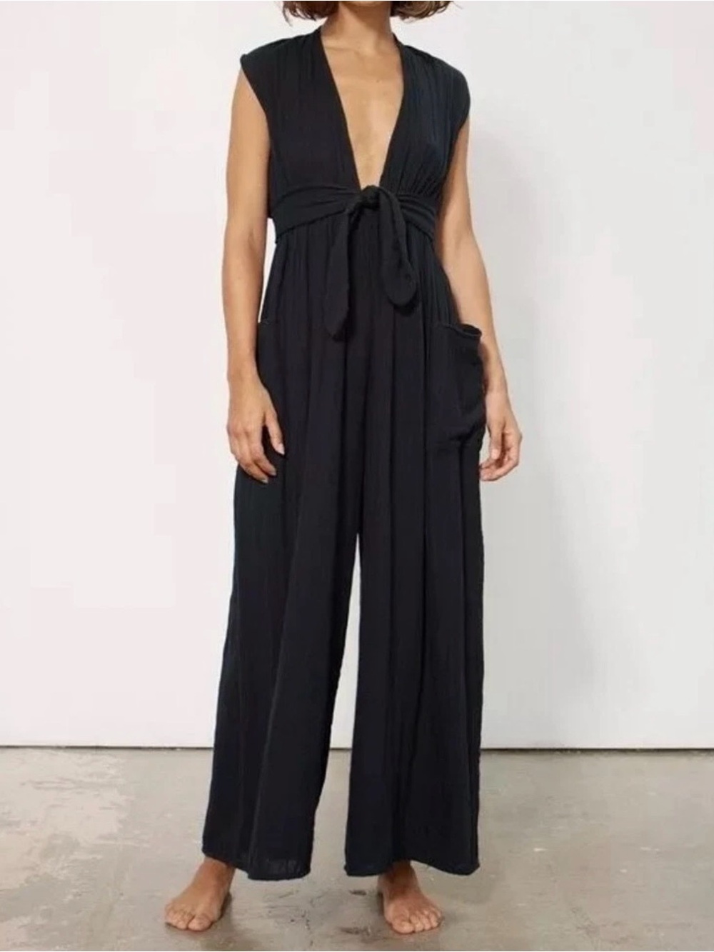 Mara Hoffman Whitney Black Gauze Deep-V Tie Front Wide-Leg Jumpsuit